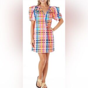 CROSBY by Mollie Burch Emilia V-Neckline Short Puff Sleeve A-Line Dress Medium